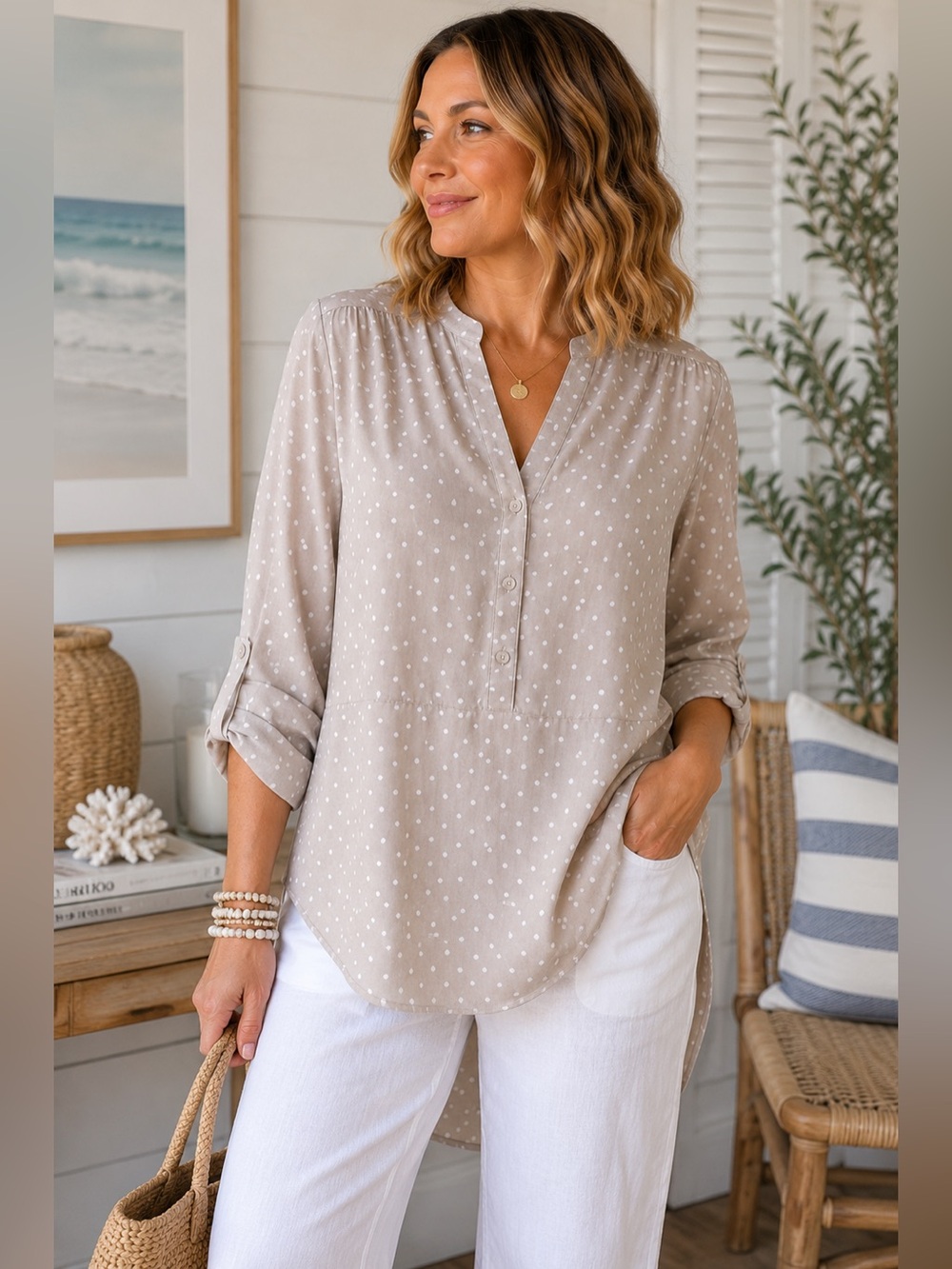 Maurices Taupe White Polka Dot Tunic Blouse Roll Tab Sleeve Hi Low Top Medium
